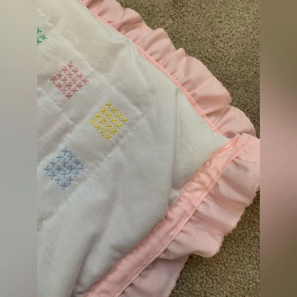 Homemade Pink and White Baby Quilt with Bear Design